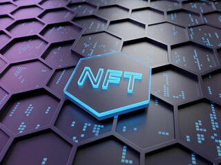 futuristic glowing nft hexagon on digital blockchain background representing crypto assets and virtual ownership
