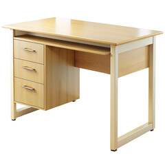 Modern wooden desk with drawers and open leg design on black background