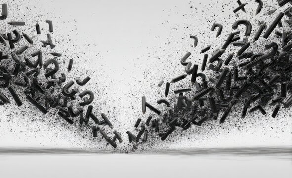 Abstract explosion of scattered black letters on white background - Powered by Adobe