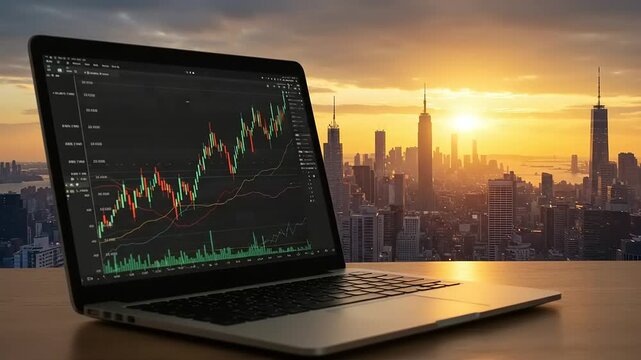 Laptop displaying financial charts with cityscape background - Powered by Adobe