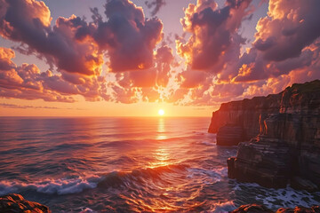 Ocean sunset over rocky cliffs at golden hour with dramatic clouds
