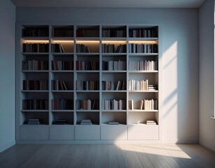 Modern minimalist bookshelf filled with books in a bright airy room with natural sunlight and clean white walls creating a calm and organized atmosphere