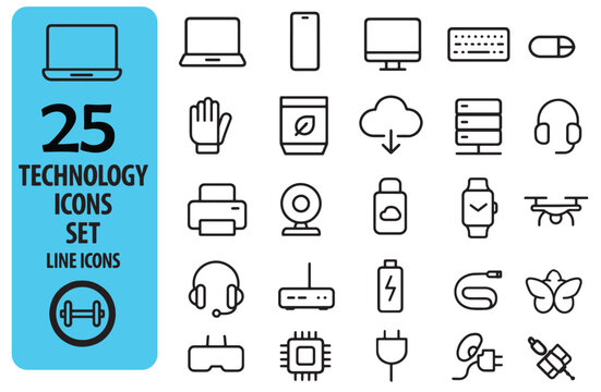 Collection of 25 Line Icons Representing Modern Technology and Digital Devices for Web and Print Design Projects