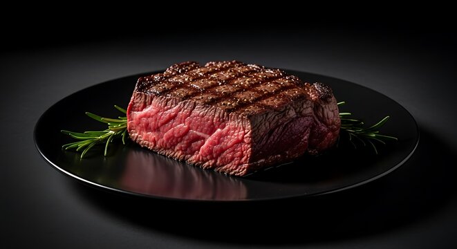 Juicy grilled steak with rosemary on a black plate against dark background