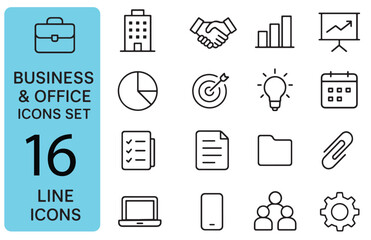 Business and Office Icon Set Sixteen Line Icons for Presentation and Web Design Needs Collection of Vector Graphics