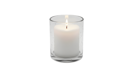 Burning white candle in a clear glass holder isolated on transparent background