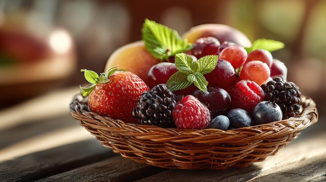 Fresh fruit assortment in a woven basket close up view
