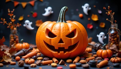 Fototapeta premium A Halloween themed display with a jack o' lantern at its center surrounded by autumn leaves, candy, and other decorations.