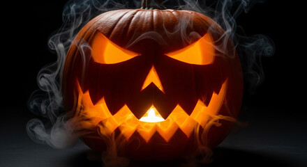Fototapeta premium A terrifying Jack-o'-lantern carved from a pumpkin with a glowing, evil face and smoke billowing out, a perfect spooky decoration for any haunted Halloween celebration
