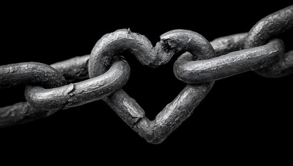Heart-shaped chain link with cracks on metal, against solid black backdrop
