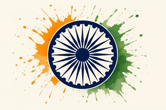 Vibrant Indian flag colors splash dynamically around the iconic Ashoka Chakra wheel, symbolizing national pride and heritage.