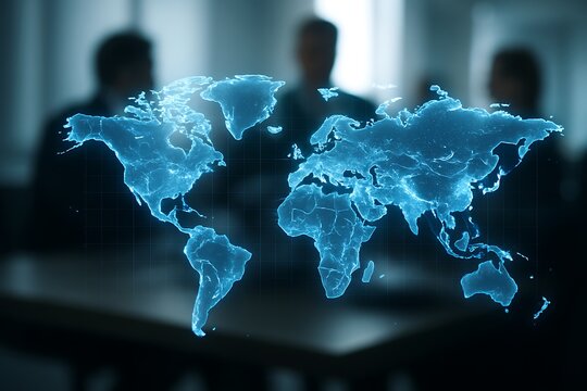 Business professionals discussing global strategy with a holographic world map - Powered by Adobe