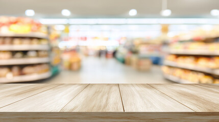 Shopping Scene: Perspective from an Empty Table with Grocery Shop Display in Background. Illustrative view of an empty wooden table with grocery store product displays softly blurred in the backdrop.