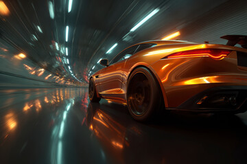 Obraz premium Sleek copper sports car speeds through an illuminated tunnel, motion blur emphasizing high-speed travel.