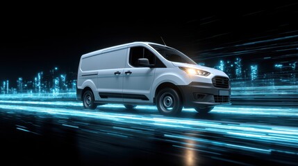 White Van Driving Fast on Road with a Faint Digital Cityscape; logistics, transport