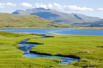 Serene Landscape with River and Mountains Under Clear Blue Sky