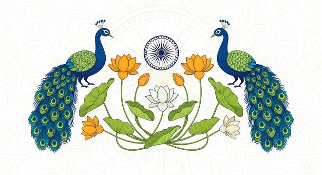 Majestic peacocks flank vibrant lotuses and the Ashoka Chakra, symbolizing India's rich cultural heritage and natural beauty in a decorative arrangement