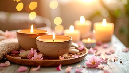 Spa candles and flowers on a wooden tray