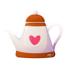 Illustration of a cute teapot with a central design in cartoon style. Design of a white kettle for boiling water with a pink heart.