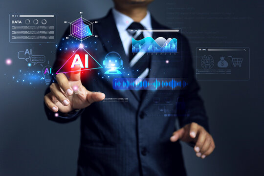 AI concept with businessman operating the artificial intelligence on virtual interface for business assistant and help analyze data and strategy integration - Powered by Adobe