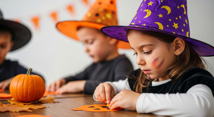 Children in cute witch and wizard hats concentrate on making fun arts and crafts at a table for a Halloween activity, a perfect way to celebrate the spooky holiday creatively