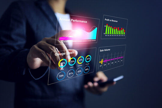 Analytics dashboard concept with businessman pointing on annual performance, virtual interface of sales and marketing to revenue conclusion and to plan marketing for the next year