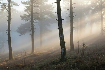 Misty woodland sun rays filtering through tall trees in the morning. Foggy forest with sunbeams and mossy tree trunks