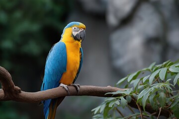Obraz premium Colorful blue and yellow macaw perched on a branch in lush greenery
