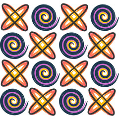 Whimsical Handdrawn Pattern with Spirals and Cross Shapes in Bold Colors