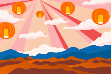 Vibrant landscape illustration with glowing lanterns, clouds, and radiant beams of light creating a warm, inviting atmosphere perfect for celebrations and festive designs