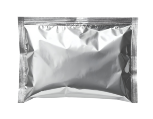 Silver foil sachet packet sealed flexible packaging blank template on isolated background