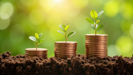 Growing plants on coins symbolize financial growth and investment opportunities. image captures essence of prosperity and sustainability