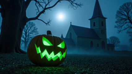 Glowing pumpkin with menacing face sits in foggy graveyard, illuminated by full moon, creating spooky Halloween atmosphere