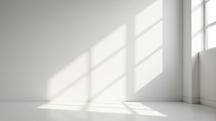 Obraz premium Bright, minimalistic interior with white walls and sunlight casting shadows. clean space evokes sense of calm and openness