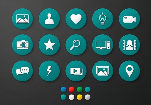 A collection of teal social media icons with white symbols representing various digital functions and communication tools on a dark background