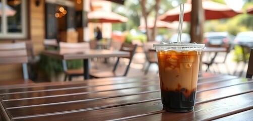 Naklejka premium Iced coffee in disposable cup with straw, sitting on outdoor cafe table, cafe, summer drink