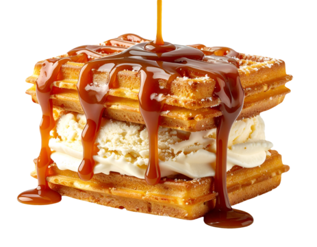 Waffle ice cream sandwich with rich caramel sauce dripping, powdered sugar and crispy layers on isolated background