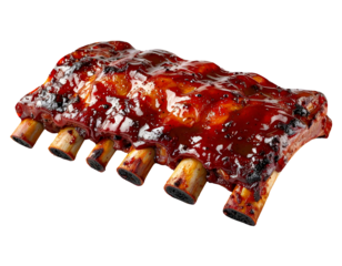 Barbecue pork ribs rack with sticky glossy bbq sauce and charred edges on isolated background