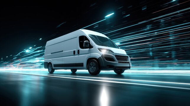 Delivery Van Drives Fast on City Road at Night, Use Advertisement transport
