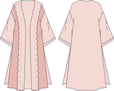 Women's open-front long cardigan or abaya. Fashion flat sketch with front and back views. Vector illustration of a garment with wide sleeves and wavy panel details for apparel design and tech packs 