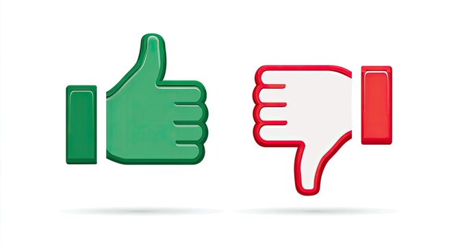 Two hand icons, one green thumbs up, one red thumbs down, on white background