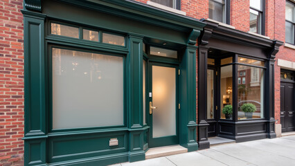 Elegant green storefront with large windows, brick facade, and modern design elements, creating welcoming atmosphere