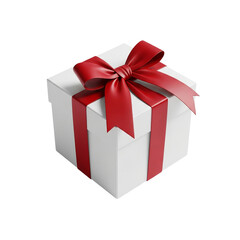 White gift box with red ribbon and bow isolated on transparent background