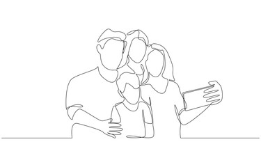 Continuous one line drawing of family taking group selfie with phone, symbolizing unity, love, togetherness, and joy of capturing memory, single line art