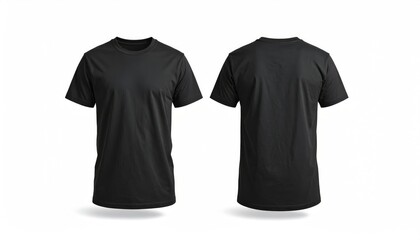 A plain black t-shirt displayed from the front and back views on a white background
