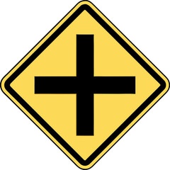 Road intersection sign in yellow diamond shape, alerting drivers to upcoming crossing points.
