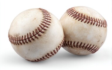 Two used baseballs, slightly overlapping, against a white background.  The leather is heavily worn, with visible dirt and discoloration, and the stitching is reddish-brown