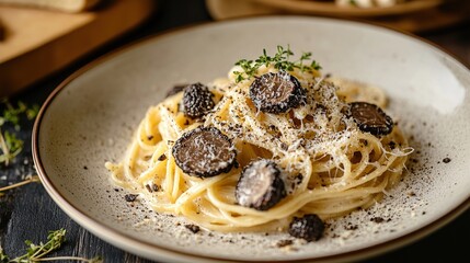 A beautifully plated truffle pasta dish with a luxury ambiance.