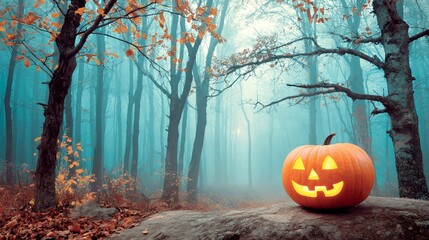 Spooky halloween ghost pumpkin mystery in foggy forest glowing treats and tricks await