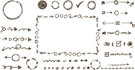 Fototapeta premium Hand drawn brown arrows circles checkmarks and shapes on white background